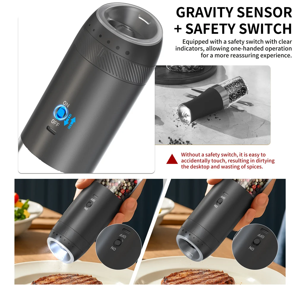 1/2PCS Electric Salt And Pepper Grinder with LED Light Gravity Sensing Adjustable Spice Mills Cordless Automatic Kitchen Gadget image 3
