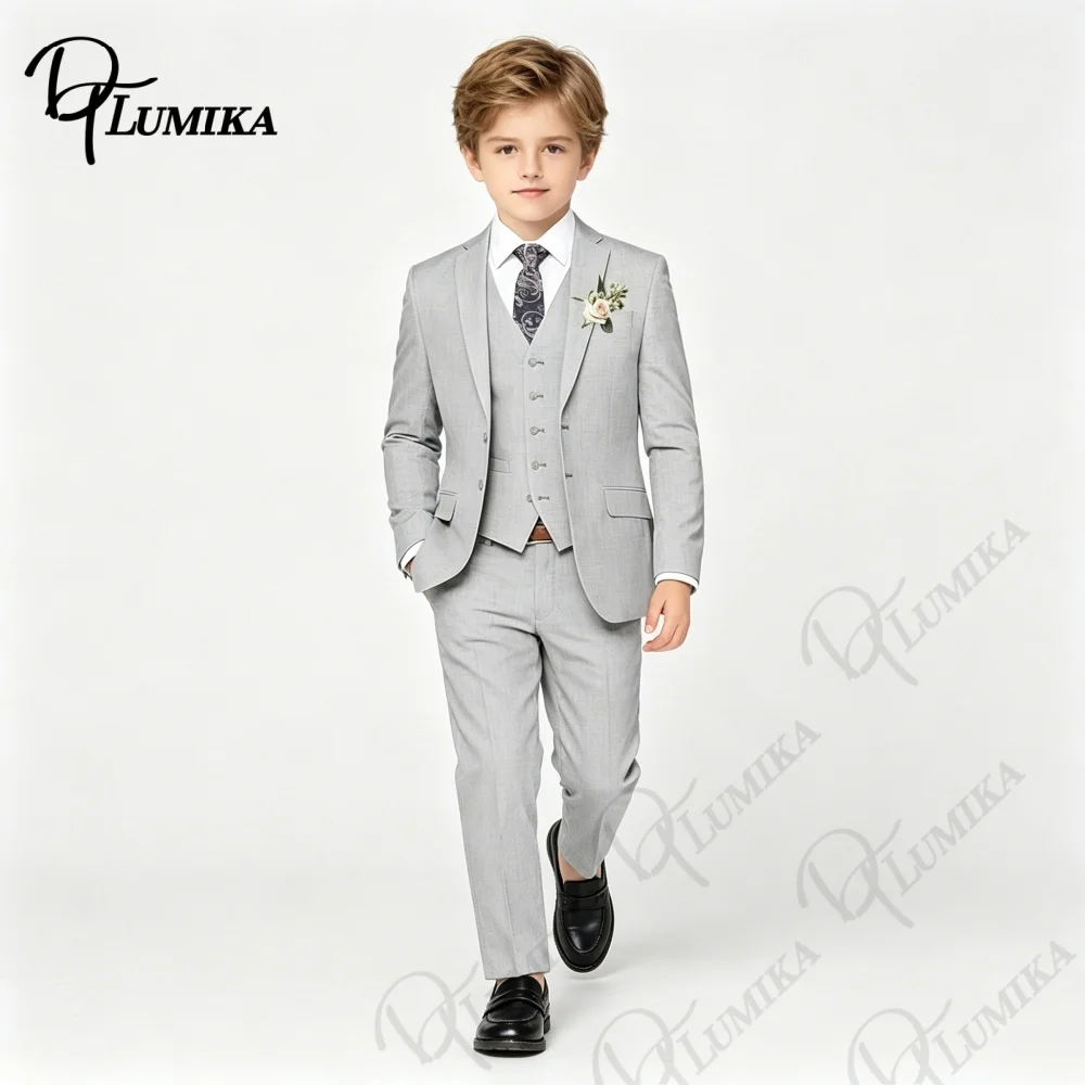 Conjunto de traje de 4 piezas de mezcla de lino gris para niños con corbata floral, blazer formal, chaleco y pantalones para bodas, fiestas de cumpleaños y graduaciones, de 3 a 13 años