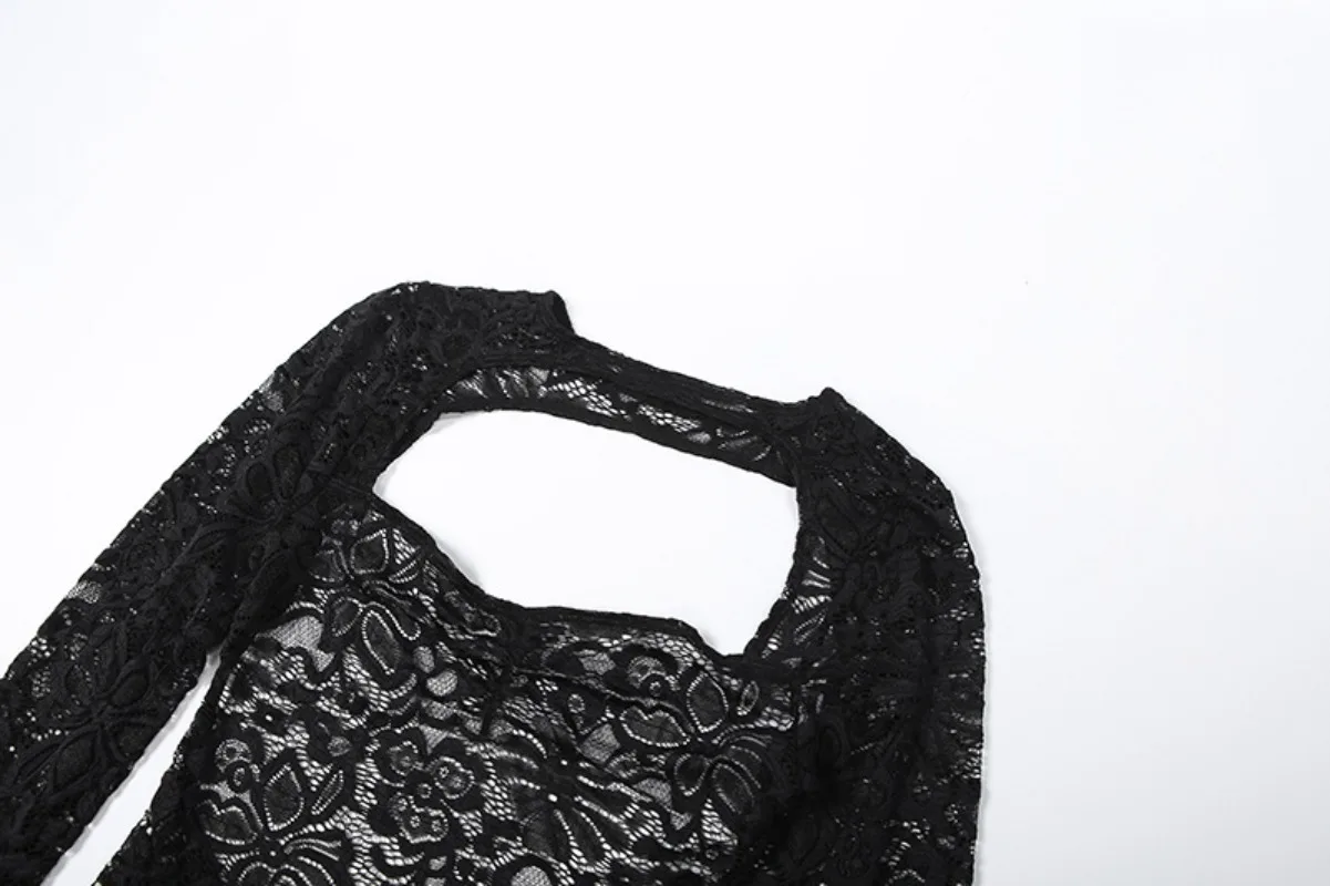 المرأة مثير انظر من خلال الدانتيل 2 قطعة مجموعة الجوف خارج كم طويل عارية الذراعين داخلية القمم + Ruched الشريط السراويل الضيقة كلوبوير البدلة #5