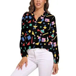 Retro 80s Pop Art Blouse Geometric Shapes Pretty Print Blouses Woman Street Wear Shirt Autumn Long Sleeve Oversized Tops