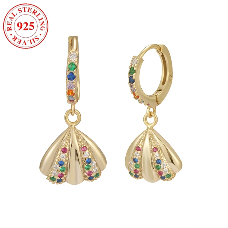 925 Sterling Silver Ocean Style Seashell Colorful Zirconia Semi-Dangling Women's Earrings Hypoallergenic Suitable for Gifts