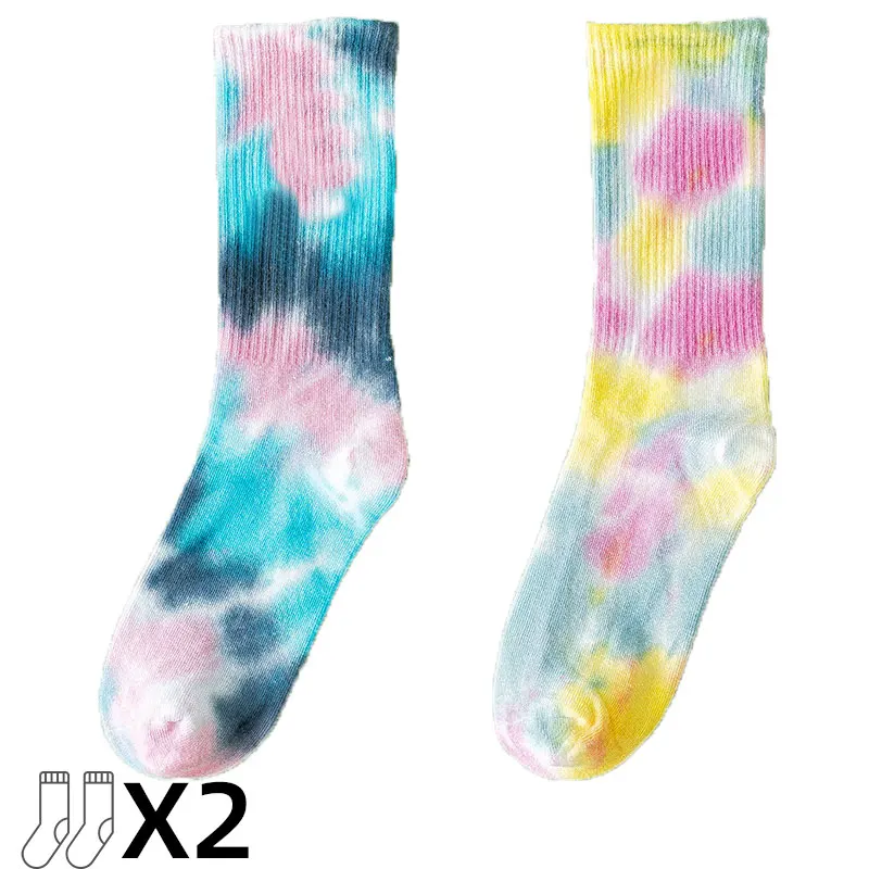 CHRLEISURE 2 Pairs/Set Mid-tube Men\'s Cotton Socks Tie Dye Trend Socks Gradient Color Fashion Sports Personality Socks