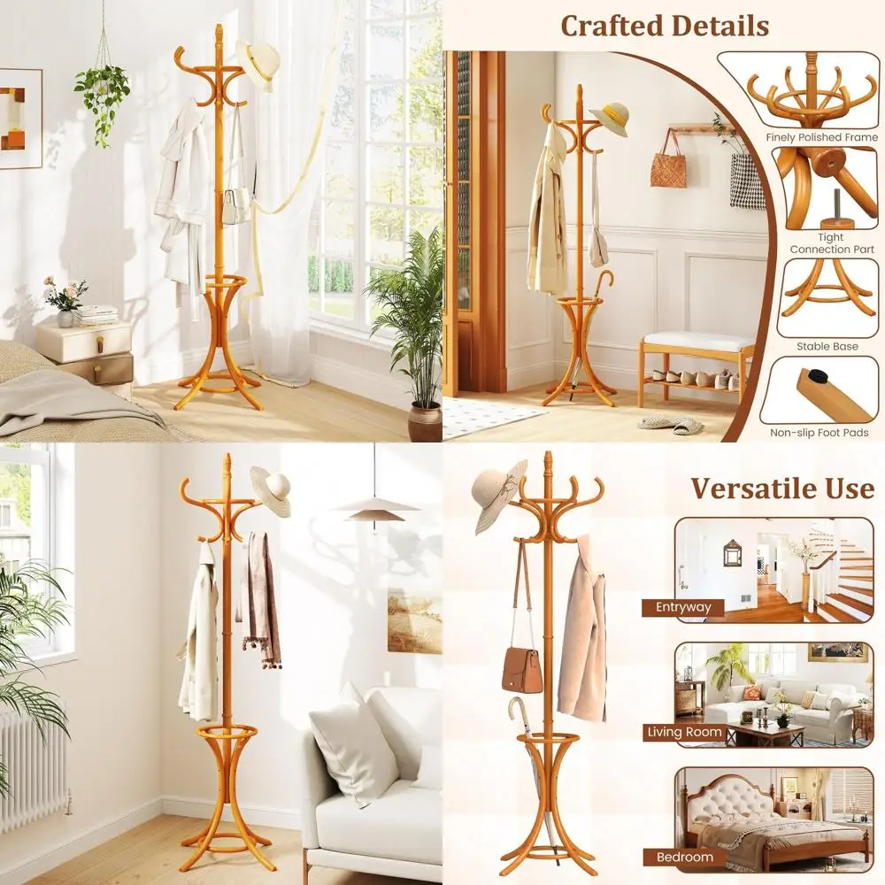 

73-Inch Wooden Coat Rack with 12 Hooks and Umbrella Stand for Entryway, Living Room, and Hallway (Natural)