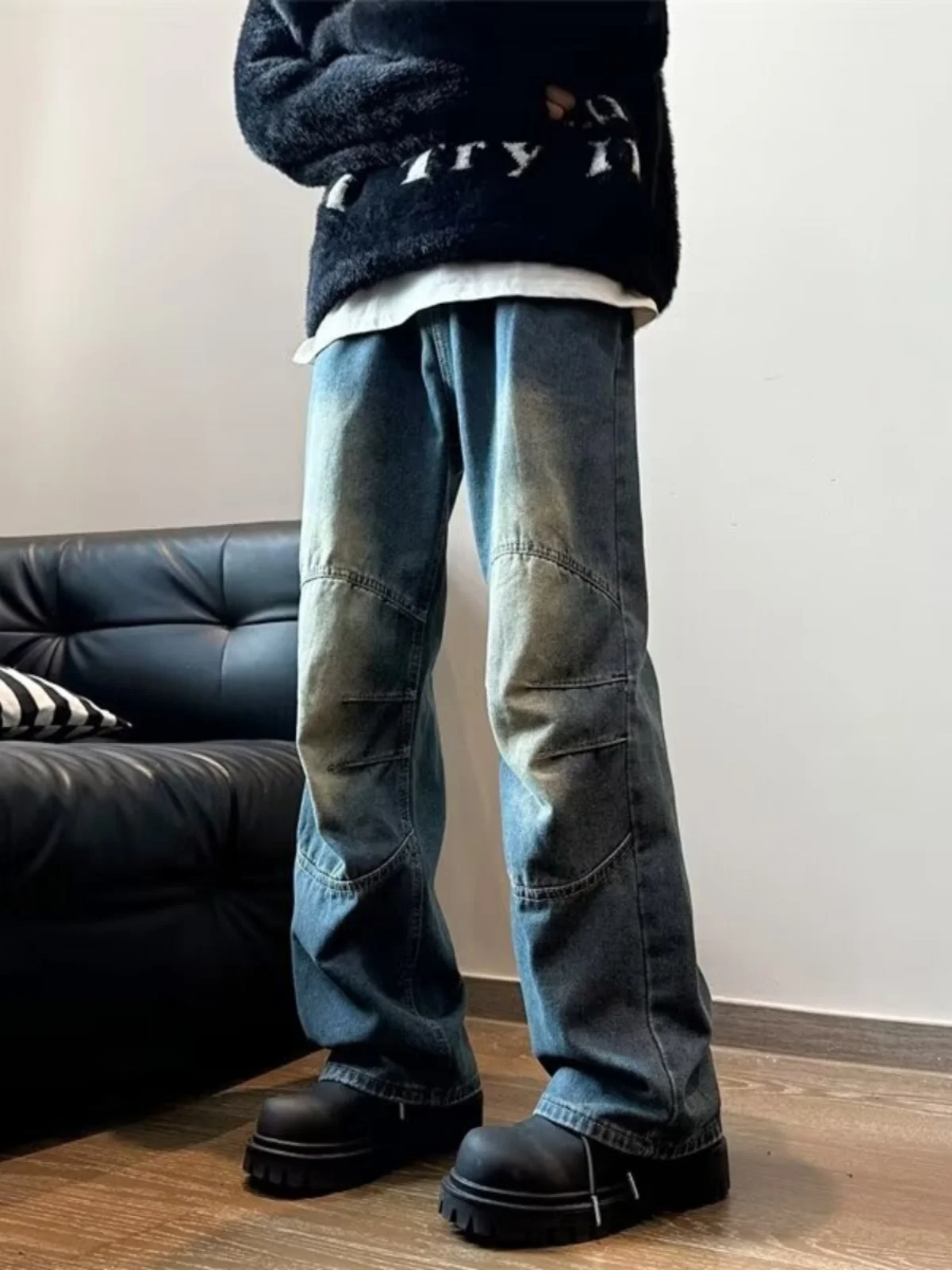 

Мужские джинсы большого размера в американском стиле ретро с синей талией, длинные брюки с уникальным дизайном, молодежная трендовая весенне-осенняя одежда