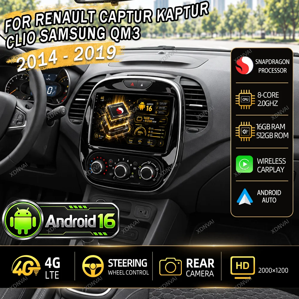 Android 16 Video Player Multimedia Car Radio For Renault Captur Kaptur Clio 2014 - 2019 Samsung QM3 Carplay BT GPS Autoradio RDS