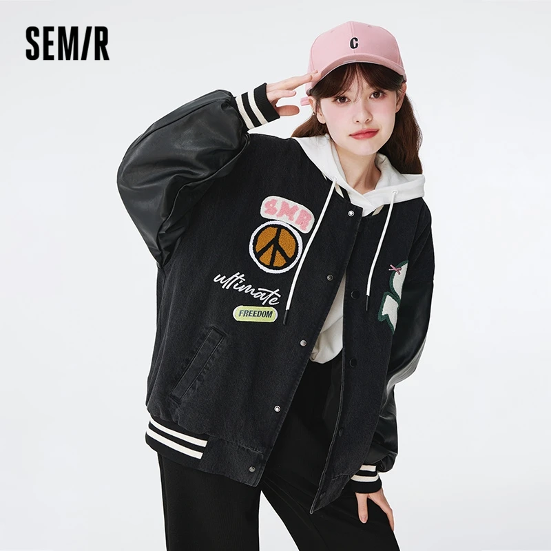 Semir Women Jacket Denim Jacket Embroidered Letters Loose Autumn Color Contrast Splicing Baseball Uniform Sweet Cool Jacket