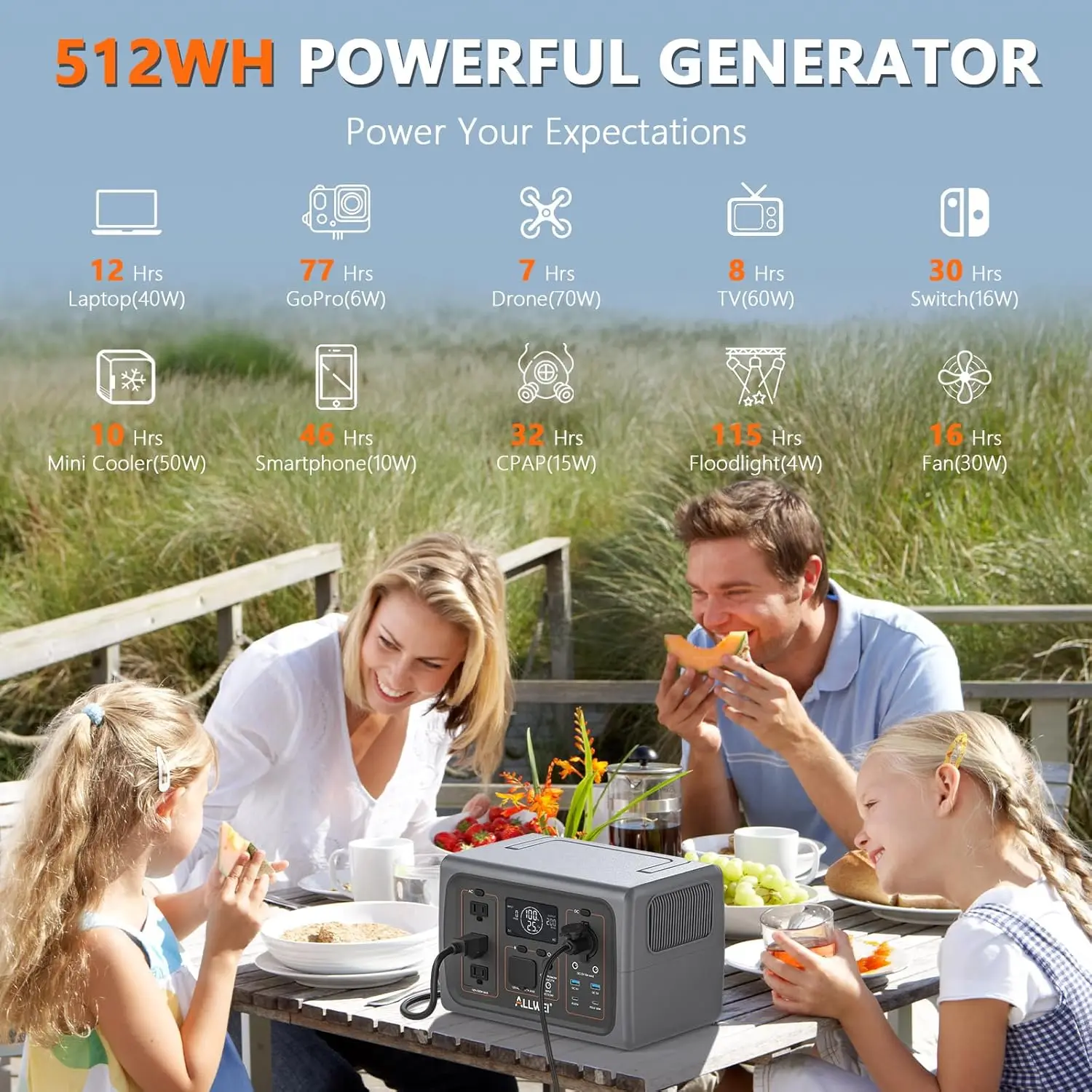 Portable Power Station 500W, 512Wh LiFePO4 Battery, UPS Function, 2.5Hrs Fast Charge, 3 AC Outlets(Surge 1000W）