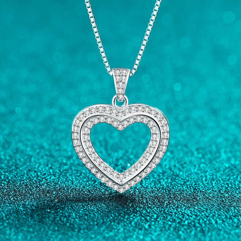 

Women's S925 Sterling Silver Necklace Double-layer Heart Hollow Pendant Set with Moissanite Sweet Lovely Fine Jewelry