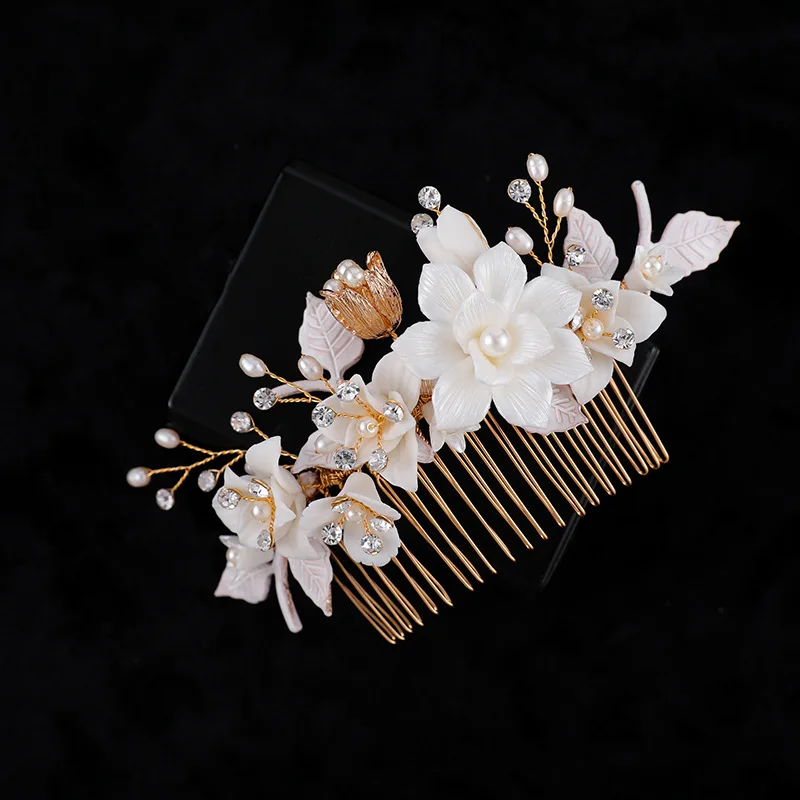 Bridal Hair Piece Comb Ceramic Floral Women Freshwater Pearls Jewelry Gold Color Wedding Headpiece Accessories