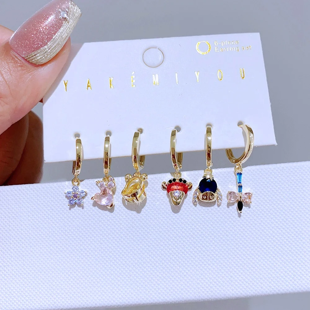 1 SET Muiticolor Cubic Zirconia Sweet Cartoon Animals Huggie Hoop Earrings for Women Girls Gold Color Jewelry