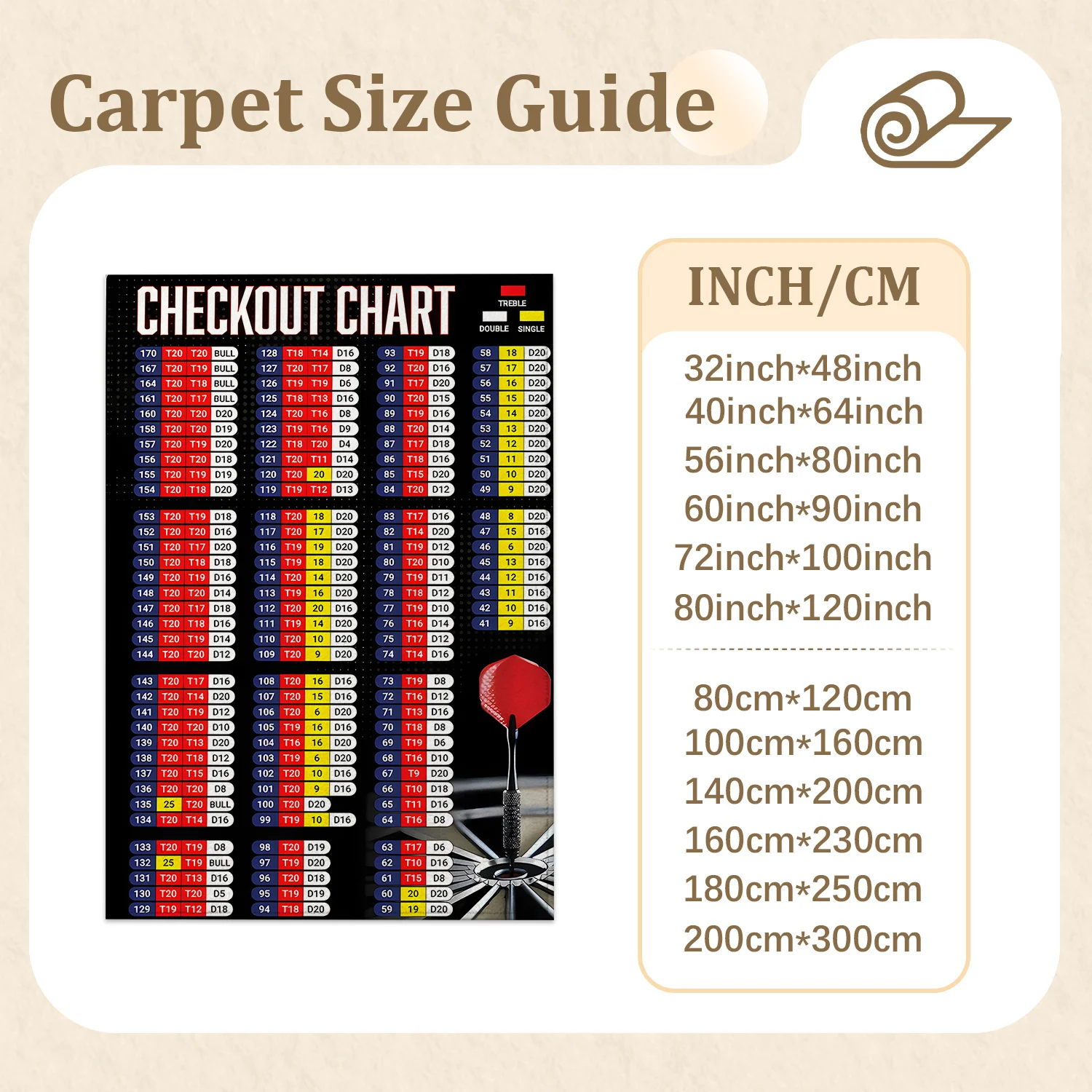 Large Indoor Area Rug, Soft Velvet Low Pile Non-Slip Dotted Backing, Machine Washable Dart Checkout Chart Pattern Floor Mat, Ideal for Game Room, Man Cave, Home Bar Decor