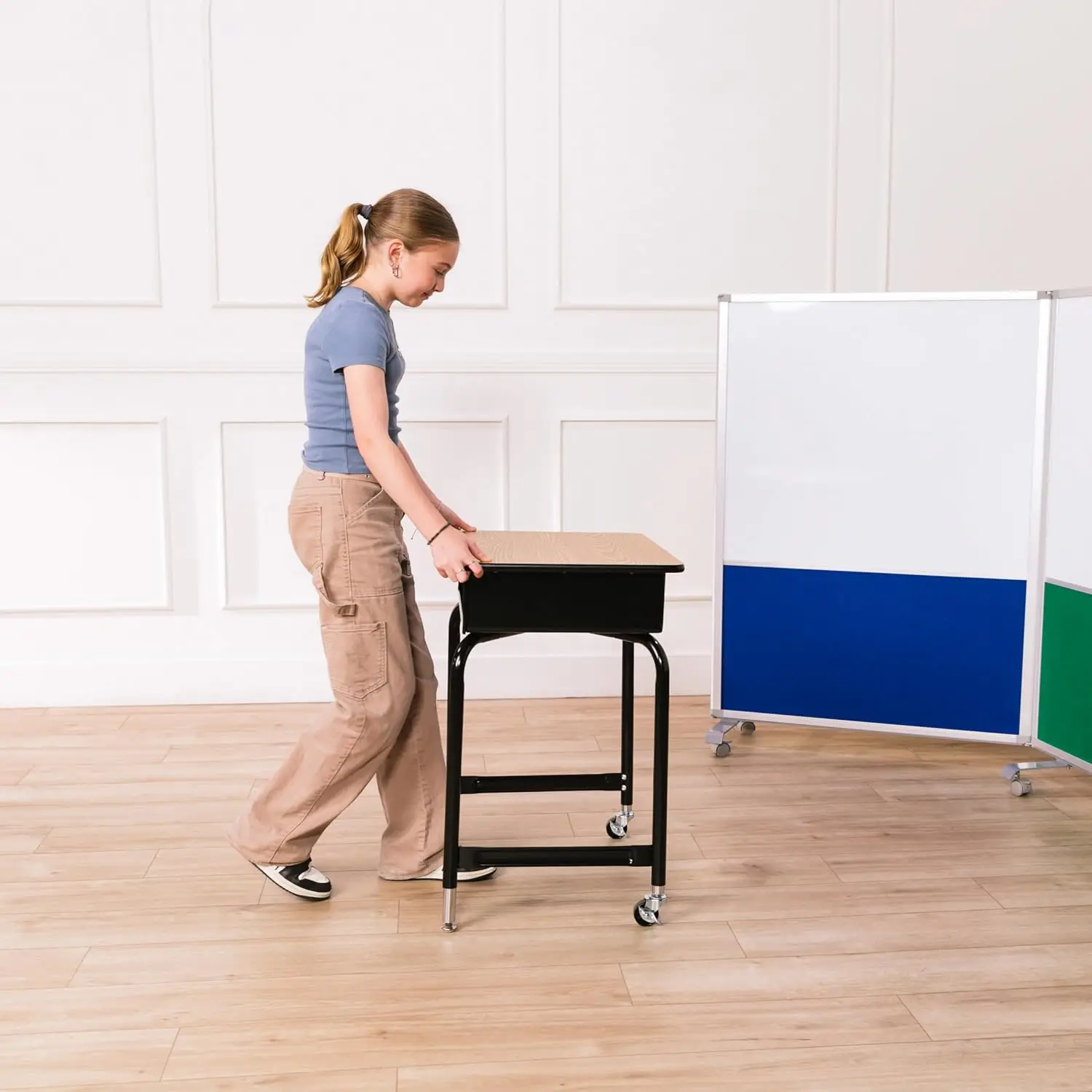 Mobile Adjustable Height Student Desk, Sit/Stand, 23.9 x 18in, Oak