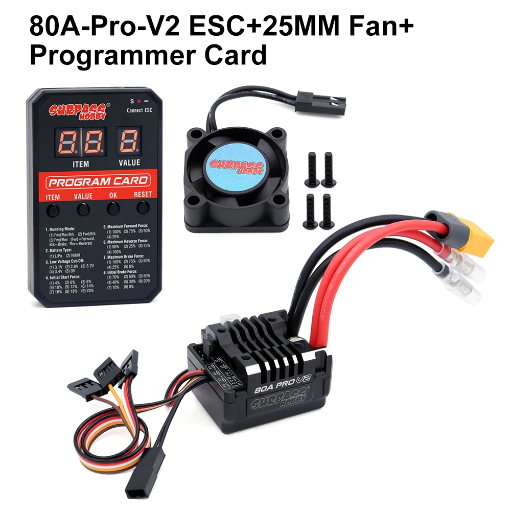 SURPASS HOBBY New 80A Pro V2 Brushed ESC Buit-in BEC 6.0V/7.4V/8.4V Waterproof Fan Programming Card For 1/10 Crawler Brushed Car