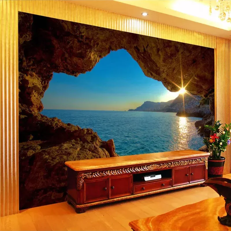 

3D Wall Painting Cave Sunrise Seascape Modern Art Landscape Photography Mural For Living Room Bedroom Restaurant Photo Wallpaper