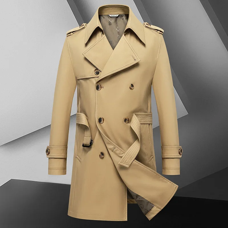 

2025 Autumn New Men's Medium To Long Fashion Windbreaker Coat High Quality Double Breasted British Style Coat Series Belt Coat