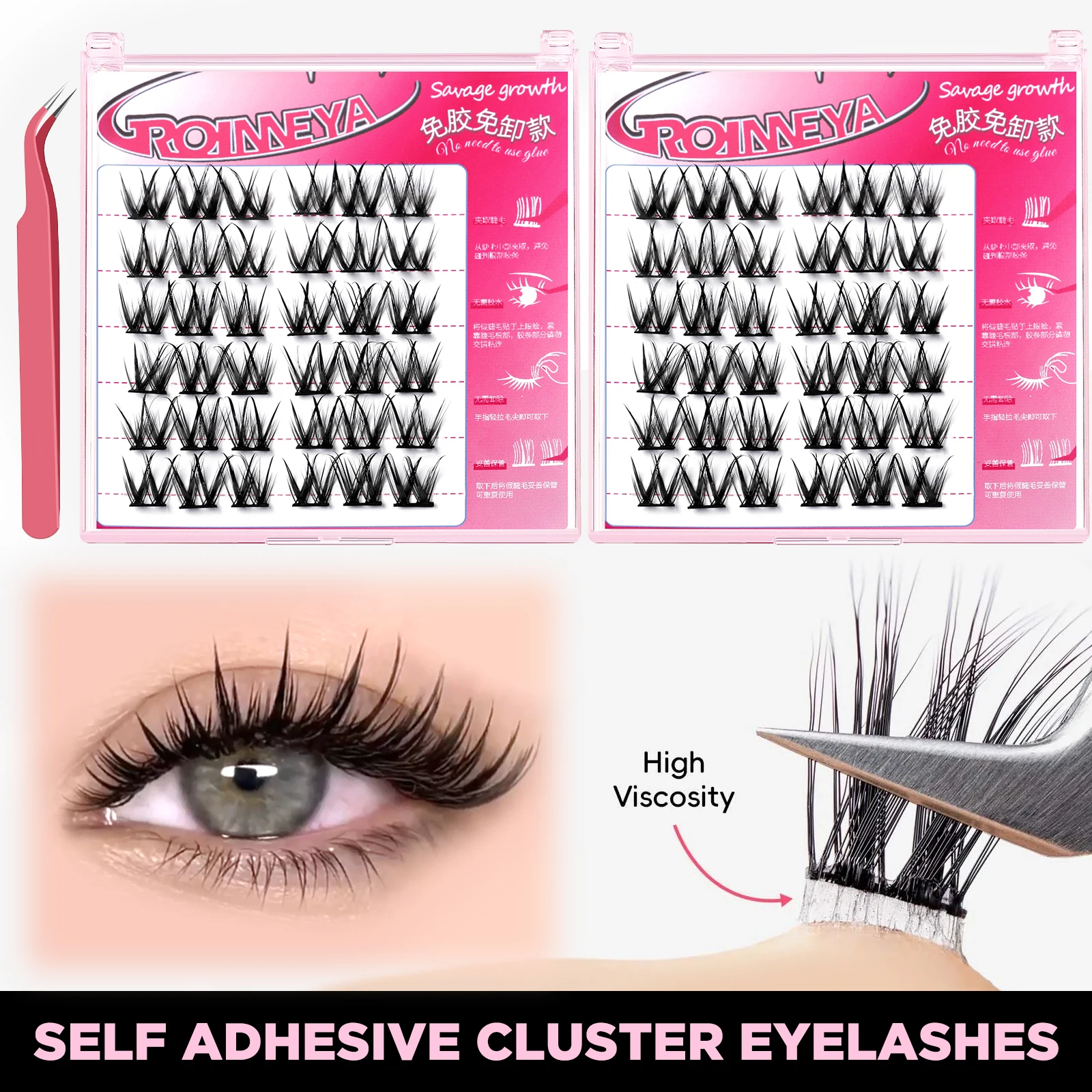 GROINNEYA Cluster Lashes Self Adhesive No Glue Individual Lashes Mixed Tray Natural Look Volume Lash Cluster Eyelashes Extension