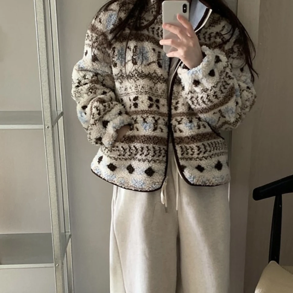 한국 스타일 겨울 아우로라 레트로 페어 아일 노르딕 스탠드 칼라 양털 안감 따뜻한 여성용 재킷