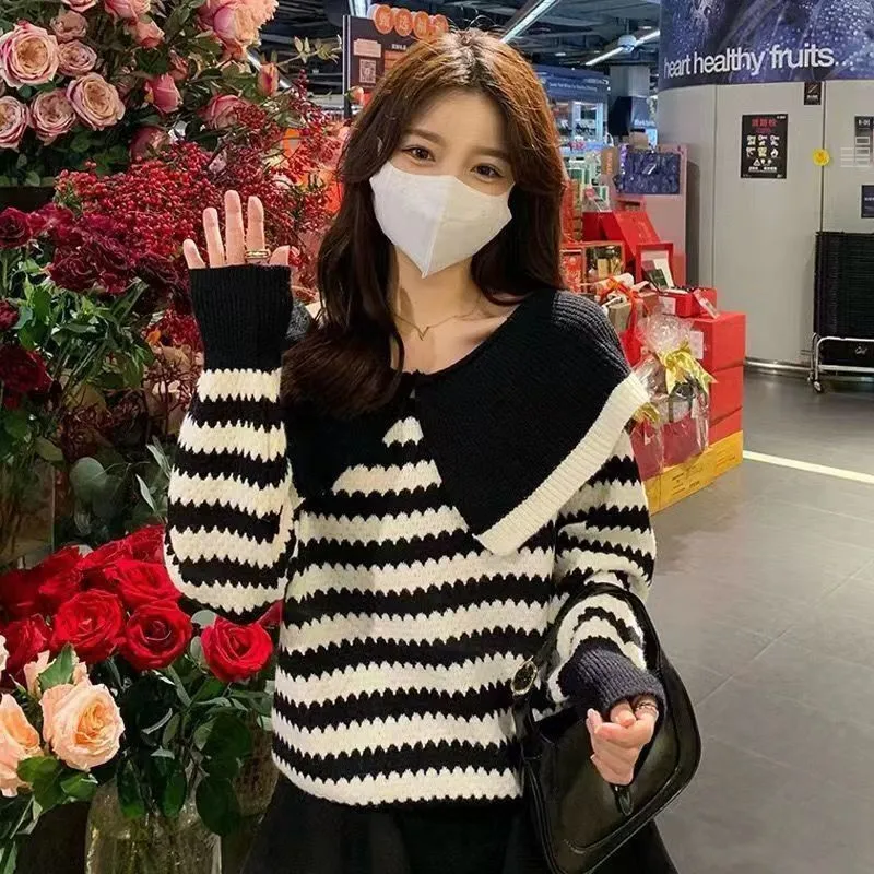 

Высококачественный женский вязаный свитер с узором в полоску и отложным воротником, базовый слой, осенний сезон, длинный све, обычная длина