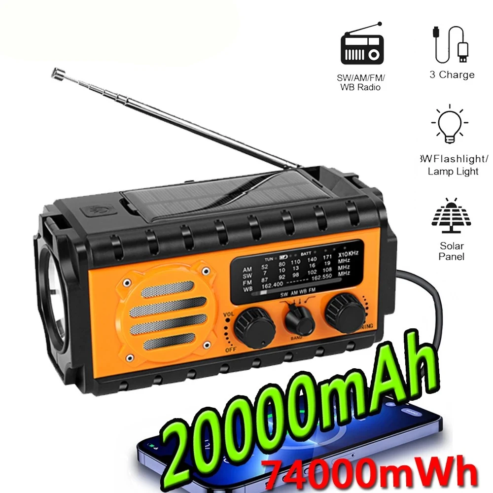 

20000mAh Solar Hand Crank Emergency Radio AM/FM/SW With Power Bank Flashlight SOS Alarm For Outdoor Camping Survival Gear