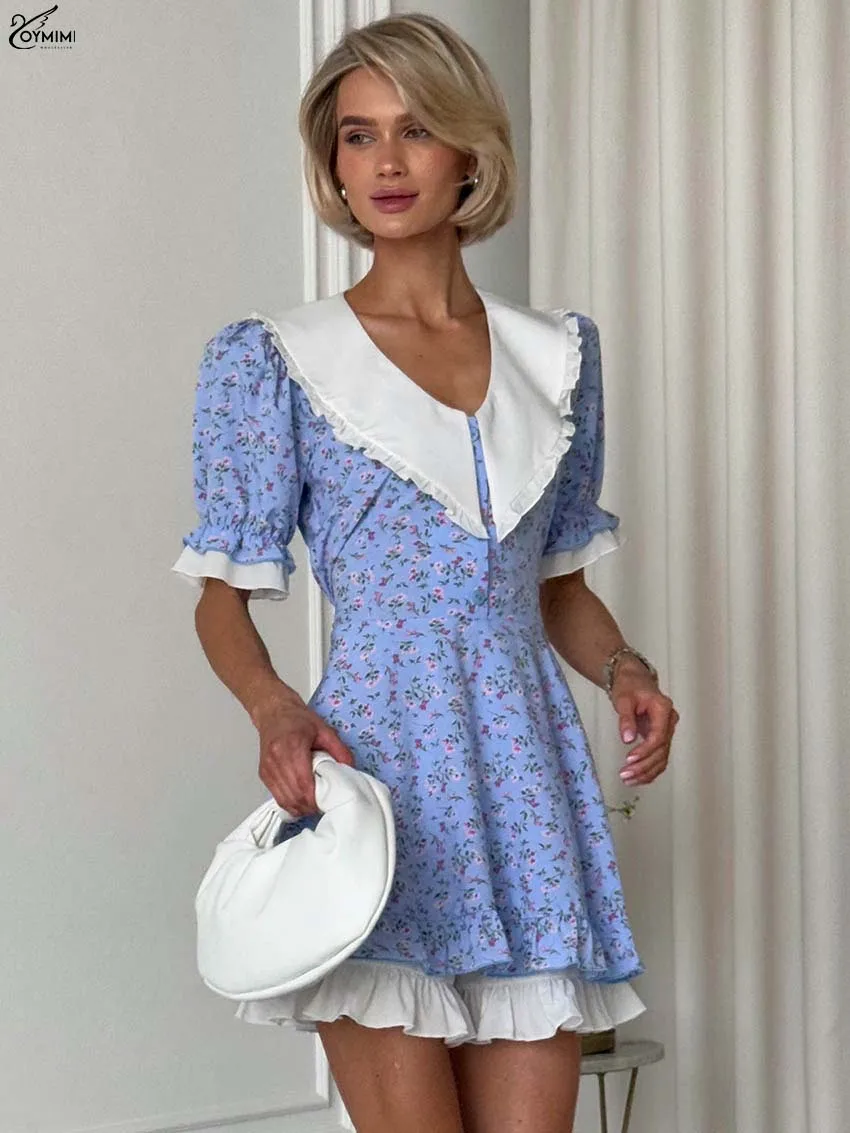 

Oymimi Elegant Blue Print Dresses 2025 Woman Causal Peter Pan Collar Patchwork Short Sleeve Dresses Fashion Button Mini Dress