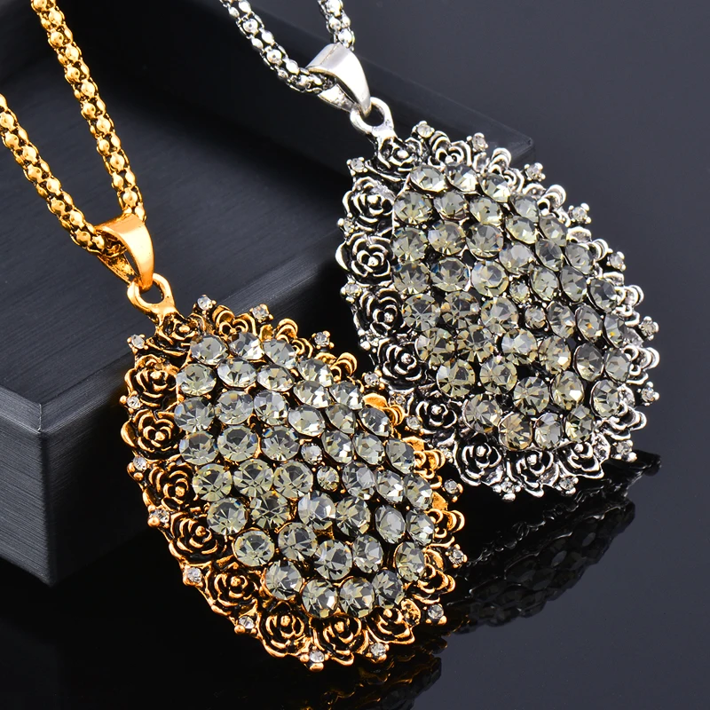 SINLEERY Shiny Waterdrop Pendant Necklace Antique Gold Color Long Chain Gray Zircon Crystal Neckalce For Women Jewelry