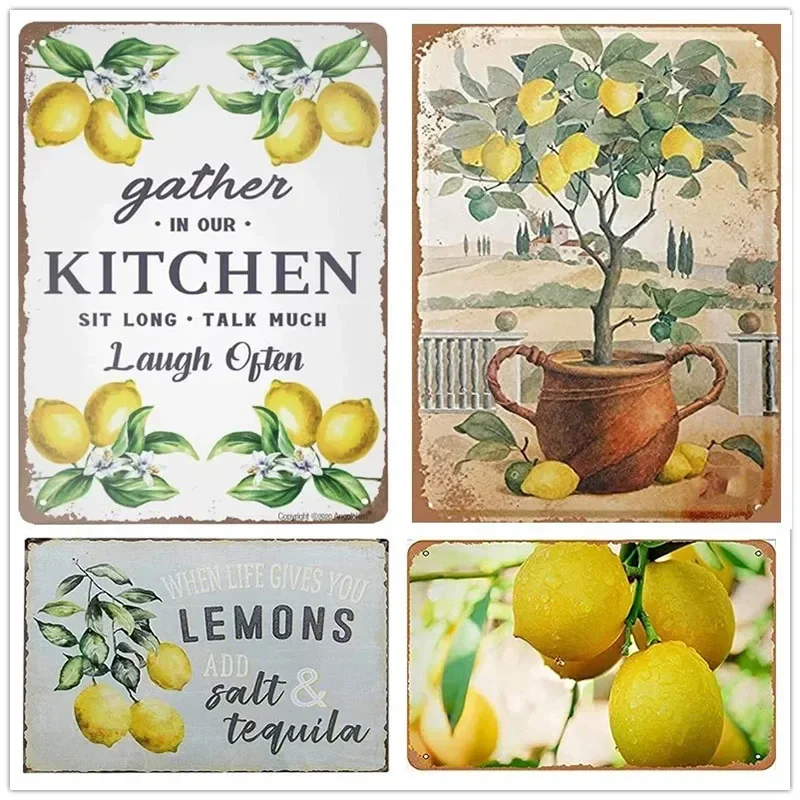 Kitchen Food Plate Lemon Fruit Plate Restaurant Milk Tea Burger Shop Tin Poster Metal Painting Wall Plate Pendant Metal Sign