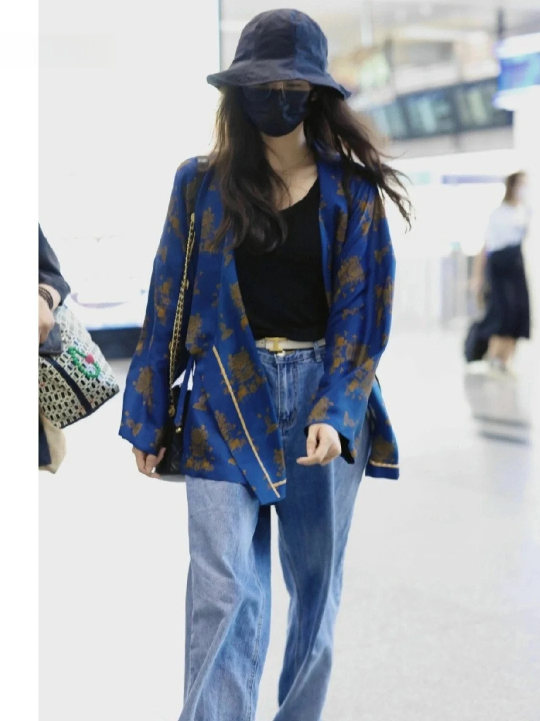 

Blue American Retro Print Loose Long Sleeve Open Cardigan Shirt Women's Trendy Outerwear Casual Style Polyester Fabric