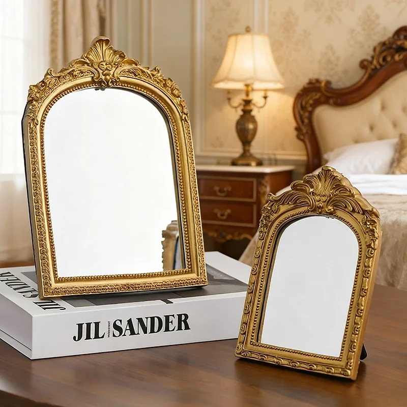 Vintage Arched Carved Desktop Mirror Luxurious Makeup Mirror for Home Bedroom Decoration Gift