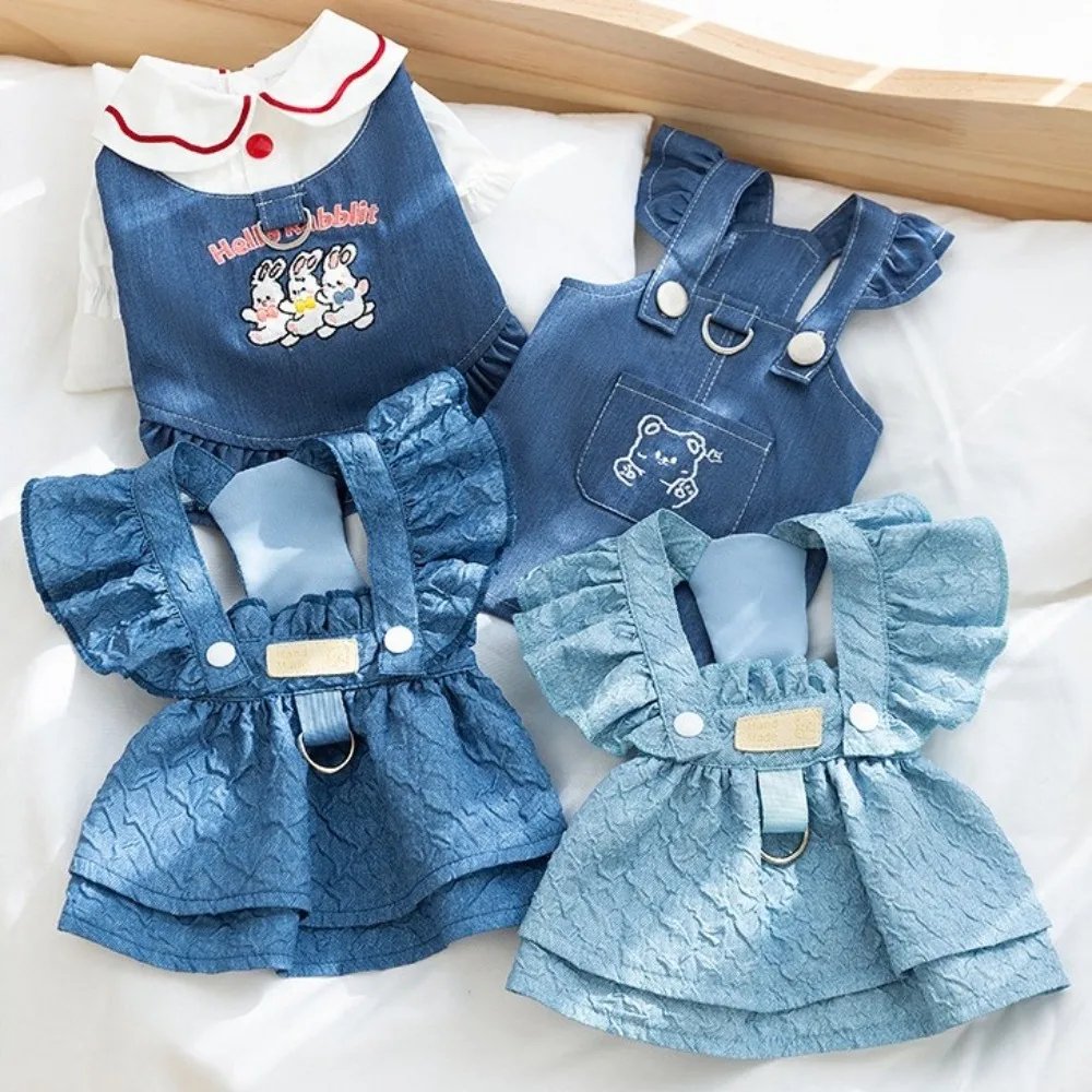 

New Denim Dog Dresses Flying Sleeves Blue Color Cat Party Outfits Cute with Leash Ring Puppy Girl Clothes for Chihuahua