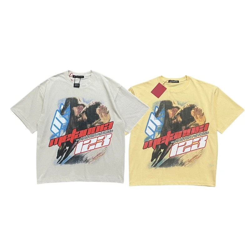 RRR123 Retro Washing Round Neck Short Sleeve T-shirt Men Women White Yellow Casual Daily Tops New Arrival