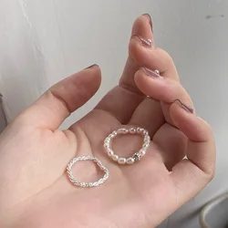 2Pcs White Round Imitation Pearl Beaded Sparkling Rings Set Women Girls Korean Fashion Knuckle Finger Ring Aesthetic Jewelry
