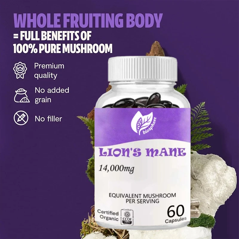 Mushroom Lion Mane Mushroom Supplement 14000 Mg, High Efficiency Extract 14:1 (60 Capsules)