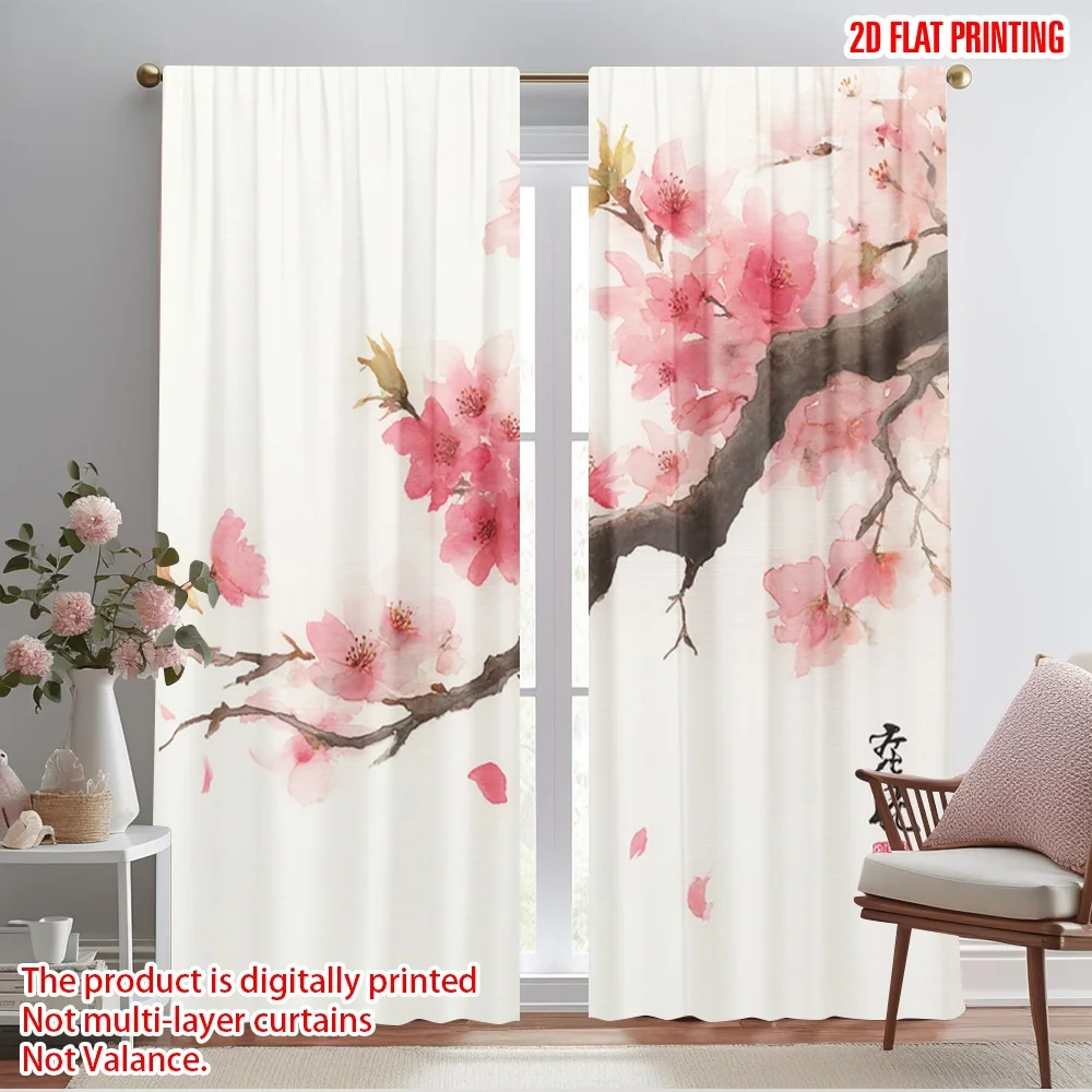 

2pcs 2D flat printing Scene Curtains Cherry Blossom Brushwork Fabric Without Electricity 0 Use for All Season celebrations