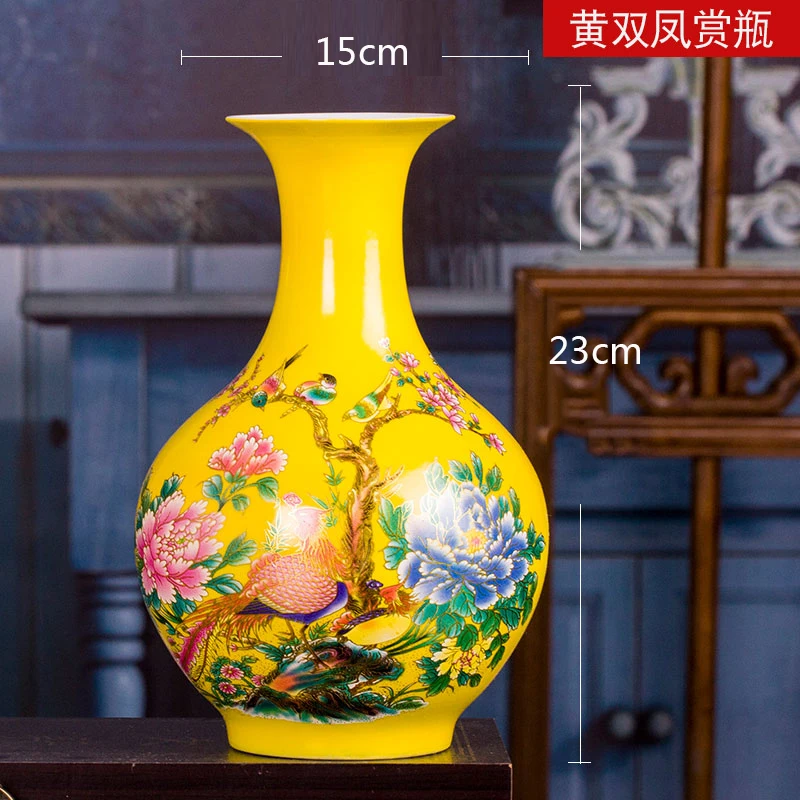

Modern Jingdezhen Ceramic Yellow Vase Home Decoration Red Porcelain Flower Vases With Flowers and Birds Lotus And Fish Pattern