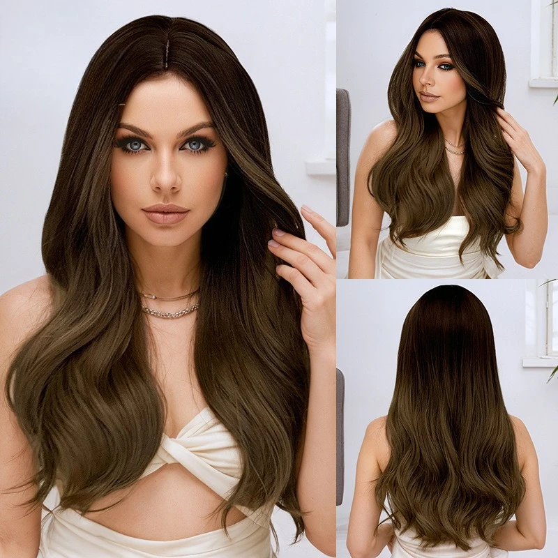 

Premium sense European and American wigs medium black brown gradual change wavy curl women's wigs