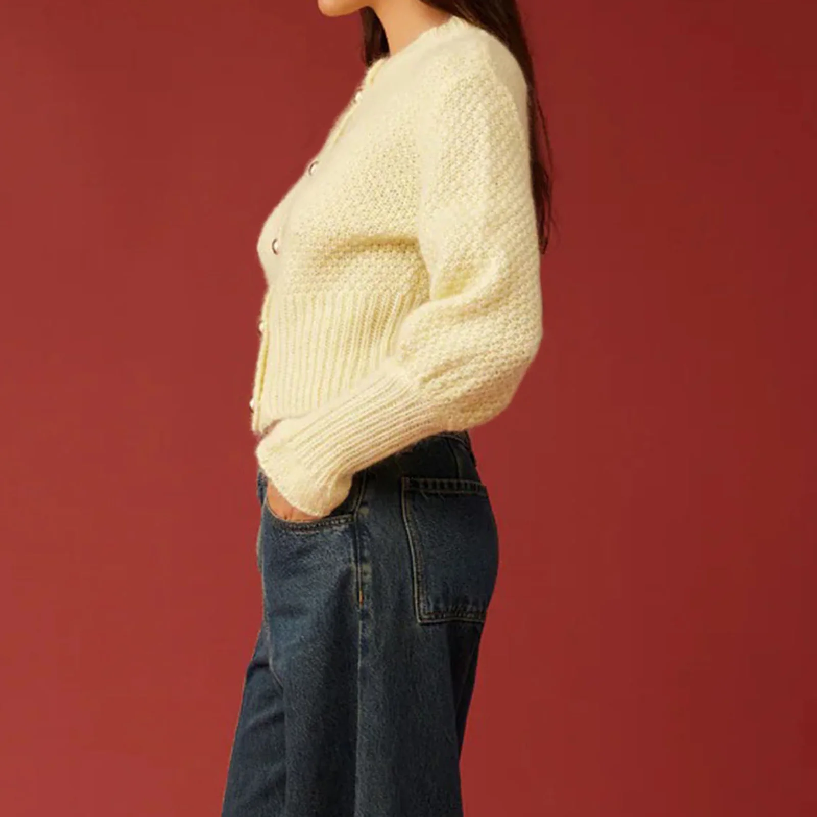 

Women Button up Cropped Sweaters Casual Solid Color/Stripe Long Sleeves Knit Cardigans Warm Fall Knitwear for Streetwear