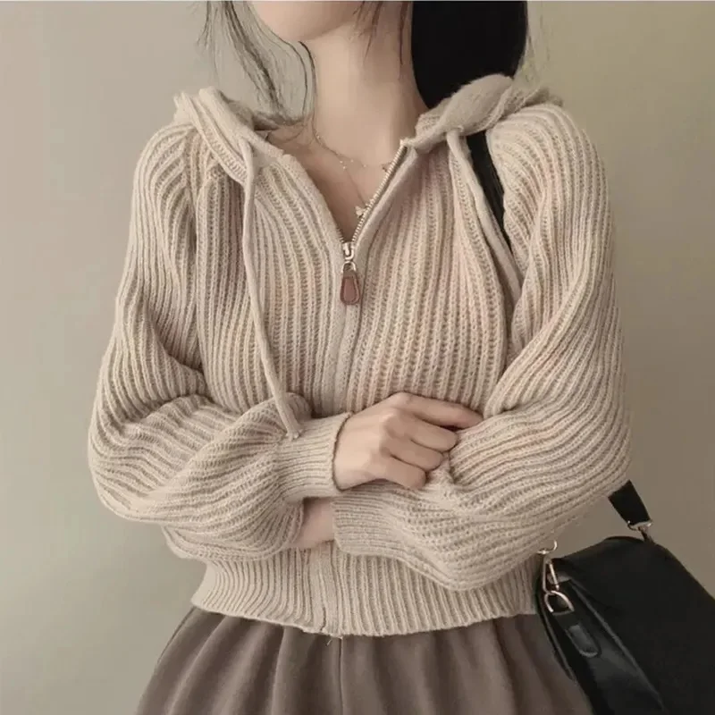 

Women Long Sleeve Sweater Korean Style Casual Outerwear Woman Fashion Chic Zip Up Cardigan Knit Top Female Hooded Jumper