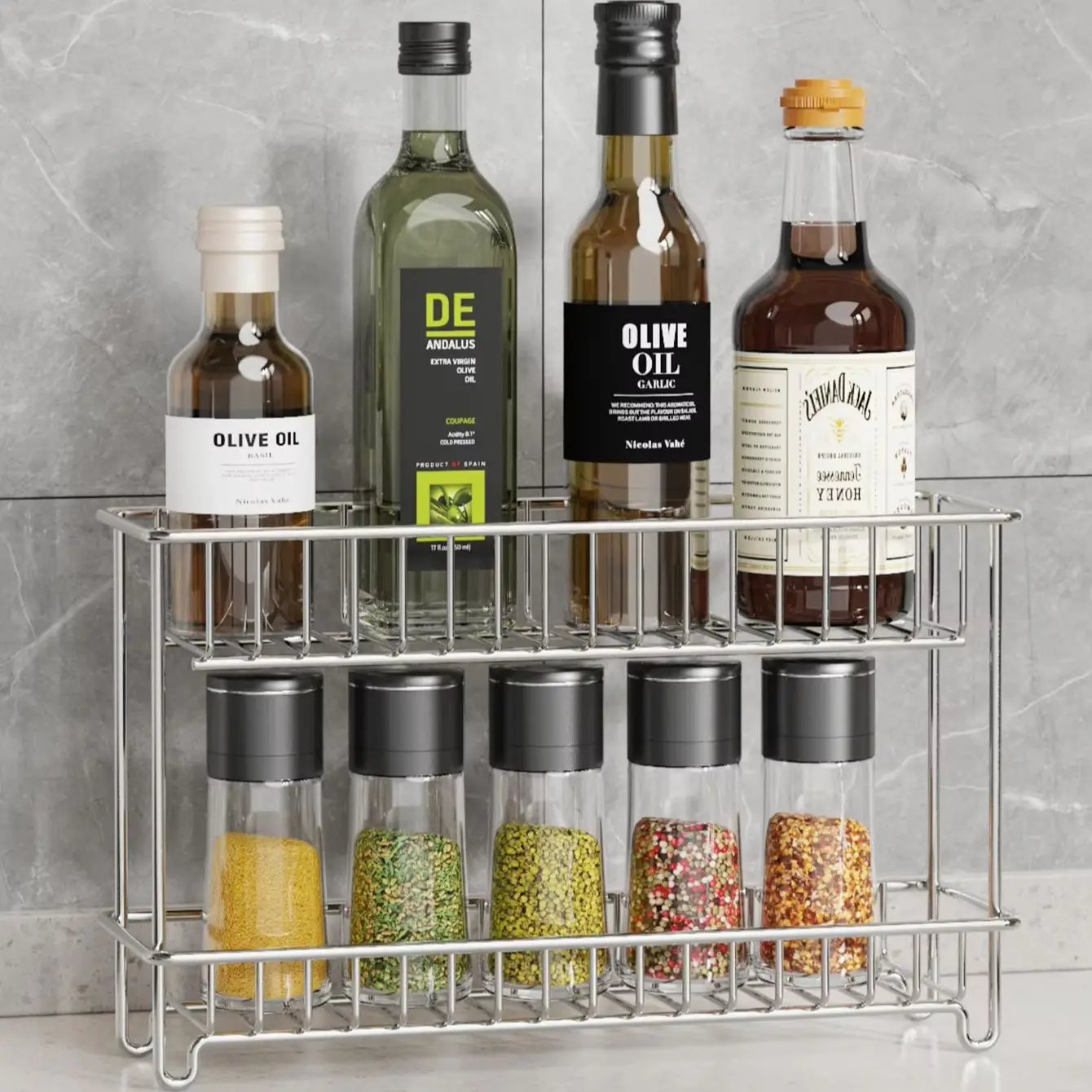 1PC Stainless Steel Double-Layer Storage Rack, Kitchen Organizer Shelf for Seasoning, Household Bathroom Countertop Drain Rack