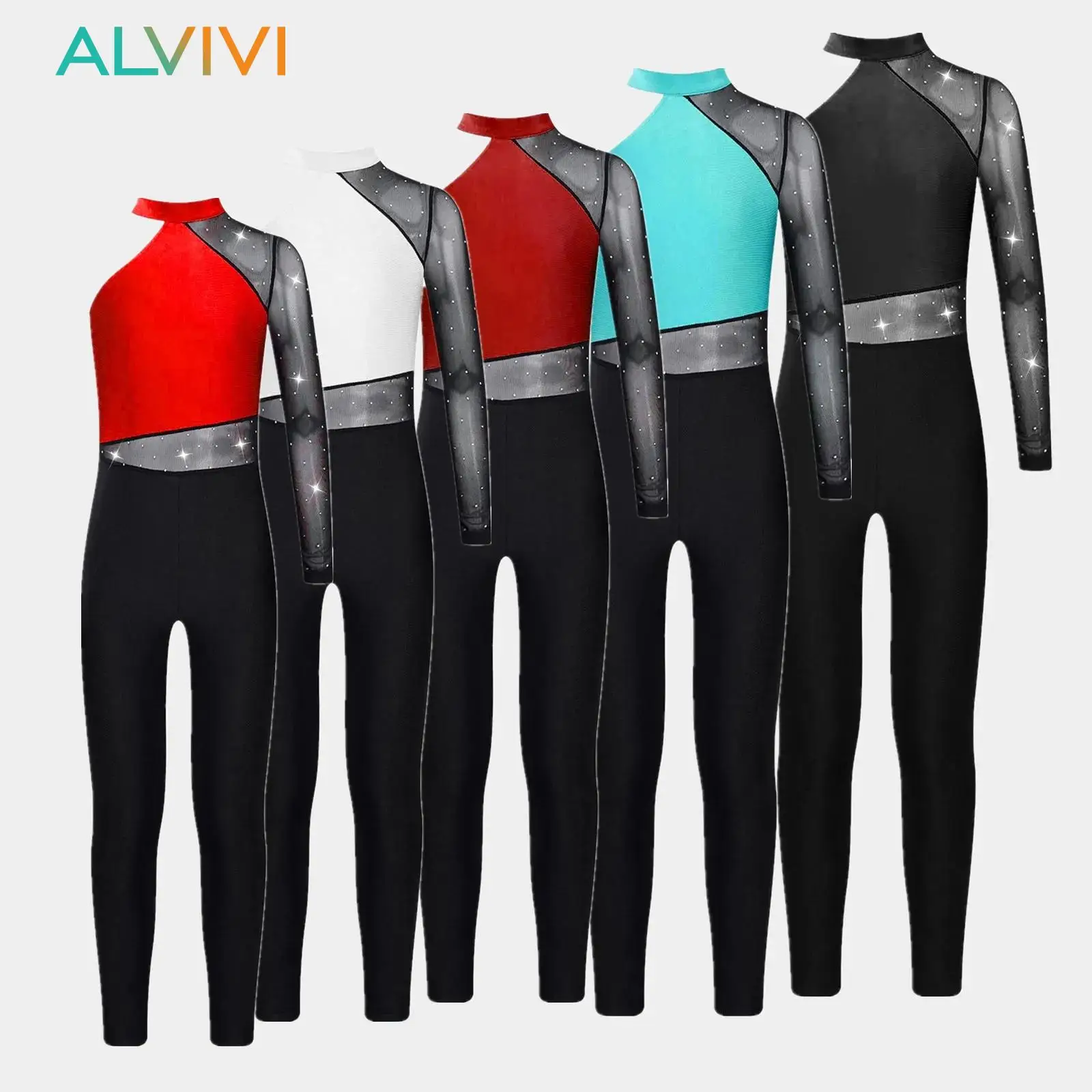 

Kids Girls Gymnastics Figure Skating Unitards Jumpsuit Glittery Rhinestones Sheer Mesh Bodysuit Ballet Dance Performance Costume