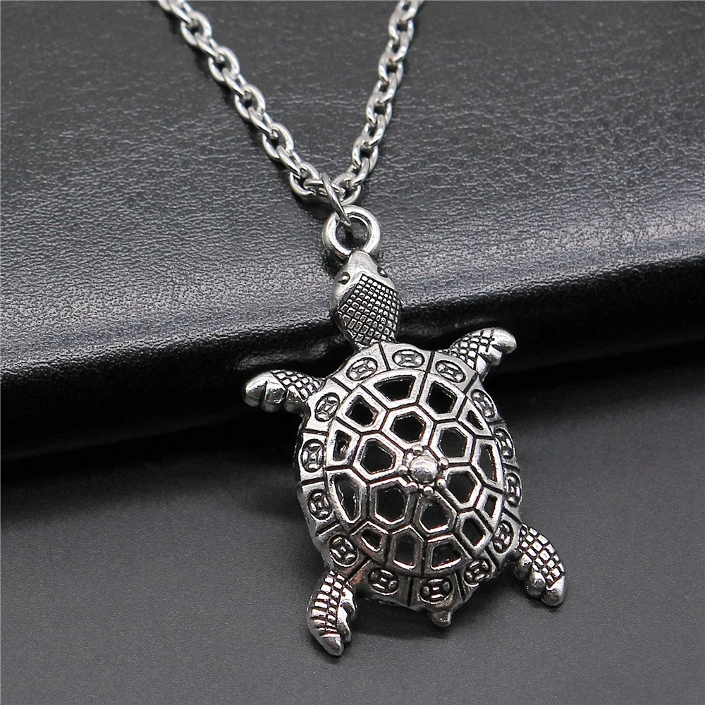 Vintage Fashion Antique Silver Color 38x25mm Tortoise Pendant Necklace For Women Men Long Chain Trendy Jewelry Accessories