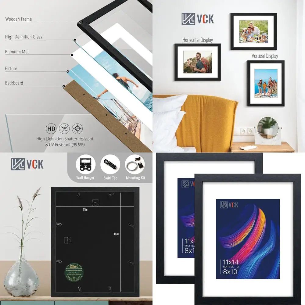 

Pair of Black Textured Wooden Frames for 8x10 Photos with HD Glass, Suitable for 11x14 without Mat