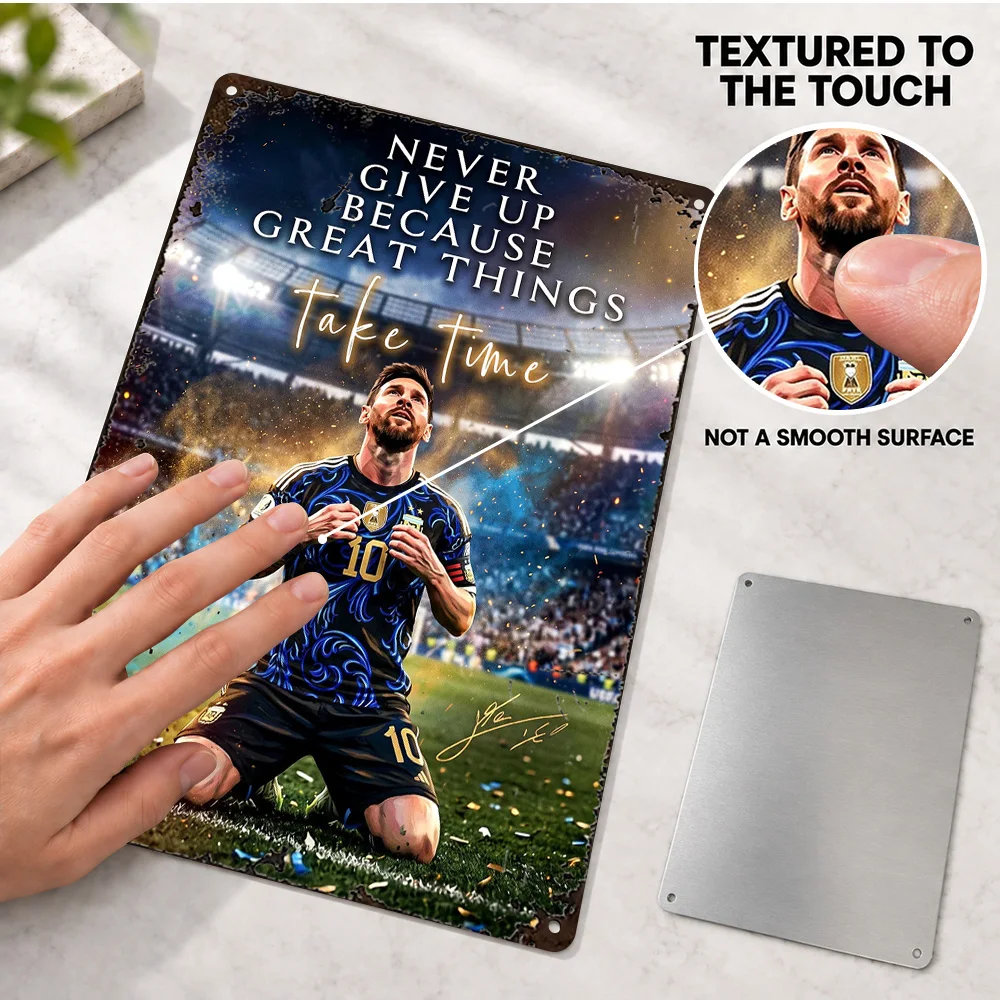 Lionel Messi Never Give Up Quote Football Aluminum Poster Personalized Metal Sign Digital Illustration Wall Art For Home Gym