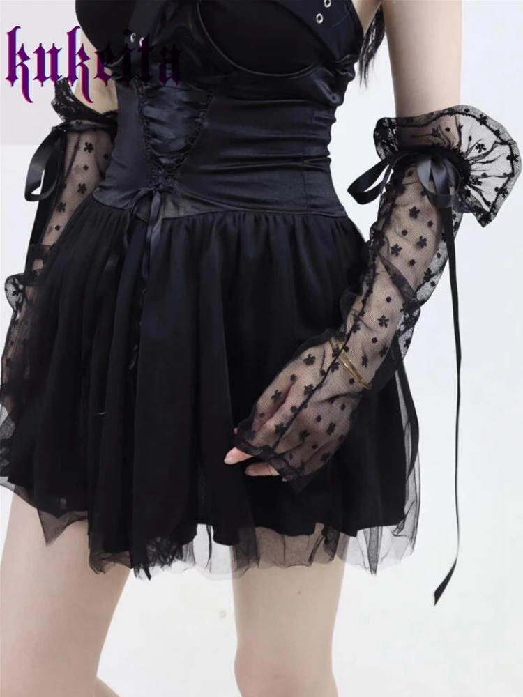 

Kukeita Gothic Lolita Gloves Ballet Style Black Sweet Bow Lace Fingerless Length Sleeves Women Mesh Gloves Y2k Girls Streetwear