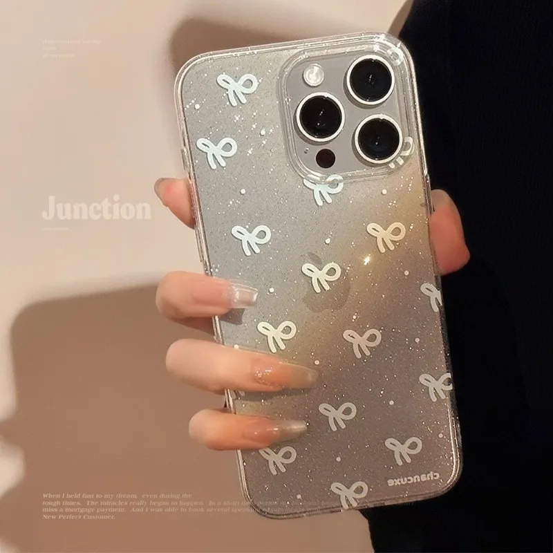 

Glitter Bowknot Clear Phone Cases for iPhone 14 15 13 16 12 Pro Max Soft Transparent Bow Cases Glitter Cover funda