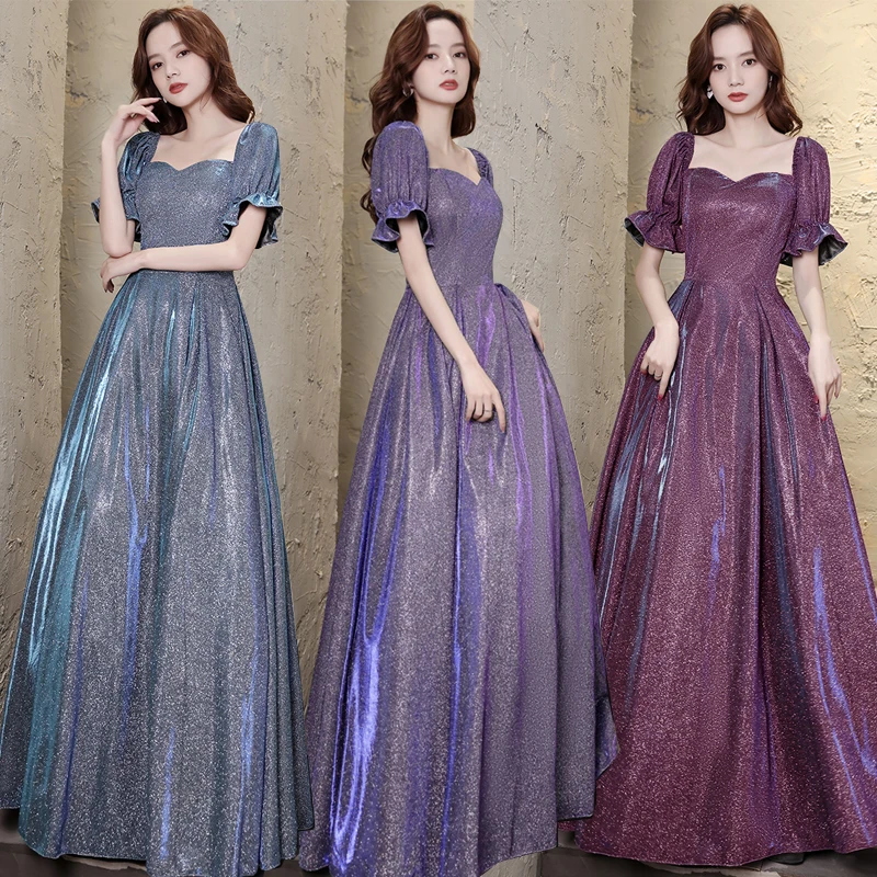 Blue Sequin Evening Dress Women Temperament Celebrity Bridesmaid Long Dresses A-line Elegant Beadding Banquet Party Gown