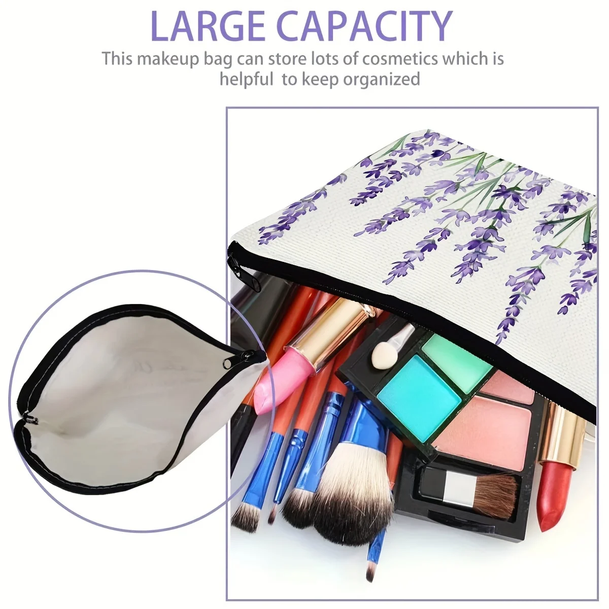 Un sac à cosmétiques imprimé fleur de lavande – jolie pochette multifonctionnelle à fermeture éclair pour femmes, sac de rangement de bijoux