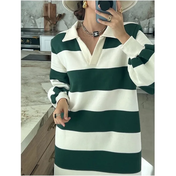 Fashionable Korean Retro Striped Long Sweatshirt Dress 2026 New Style Ladies Casual Straight Tube Skirt Long Sleeve Dress