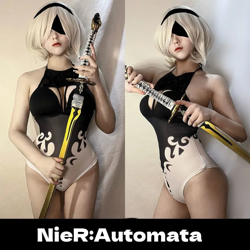 Anime Game Nier Automata Yorha 2B Cosplay Costume Sexy Hollow Two Piece Bikini Swimsuit Halter Neck Swimwear Bathing Suit Set