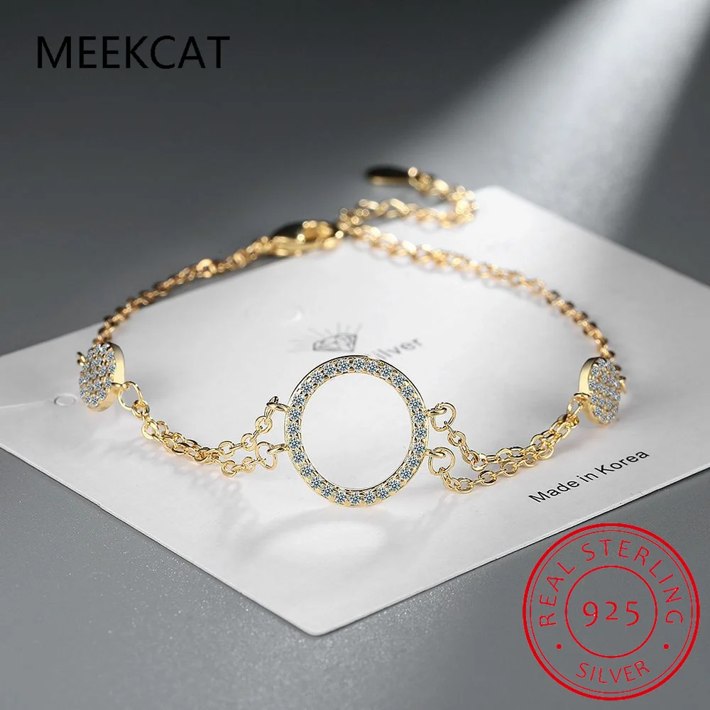 

Настоящее серебро 925, блестящий циркон, двухслойная цепочка, круглый браслет для женщин, ювелирные изделия, минималистичные аксессуары