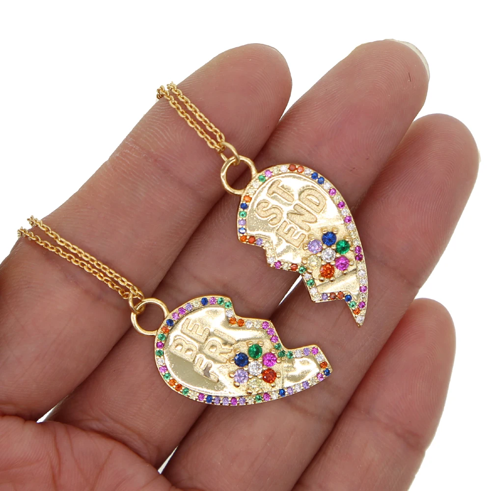 2 PCS SET Brake Heart Gold plated fashion pendant necklace best friend gift lover gift rainbow cz paved fashion jewelry